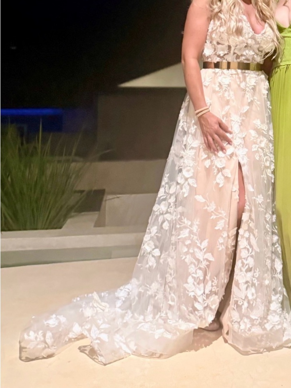 Elegant Ivory Floral Lace Evening Gown with Gold Belt